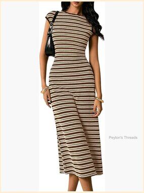 Striped Cap Sleeve Bodycon Midi Dress Crewneck Knit Summer Dress